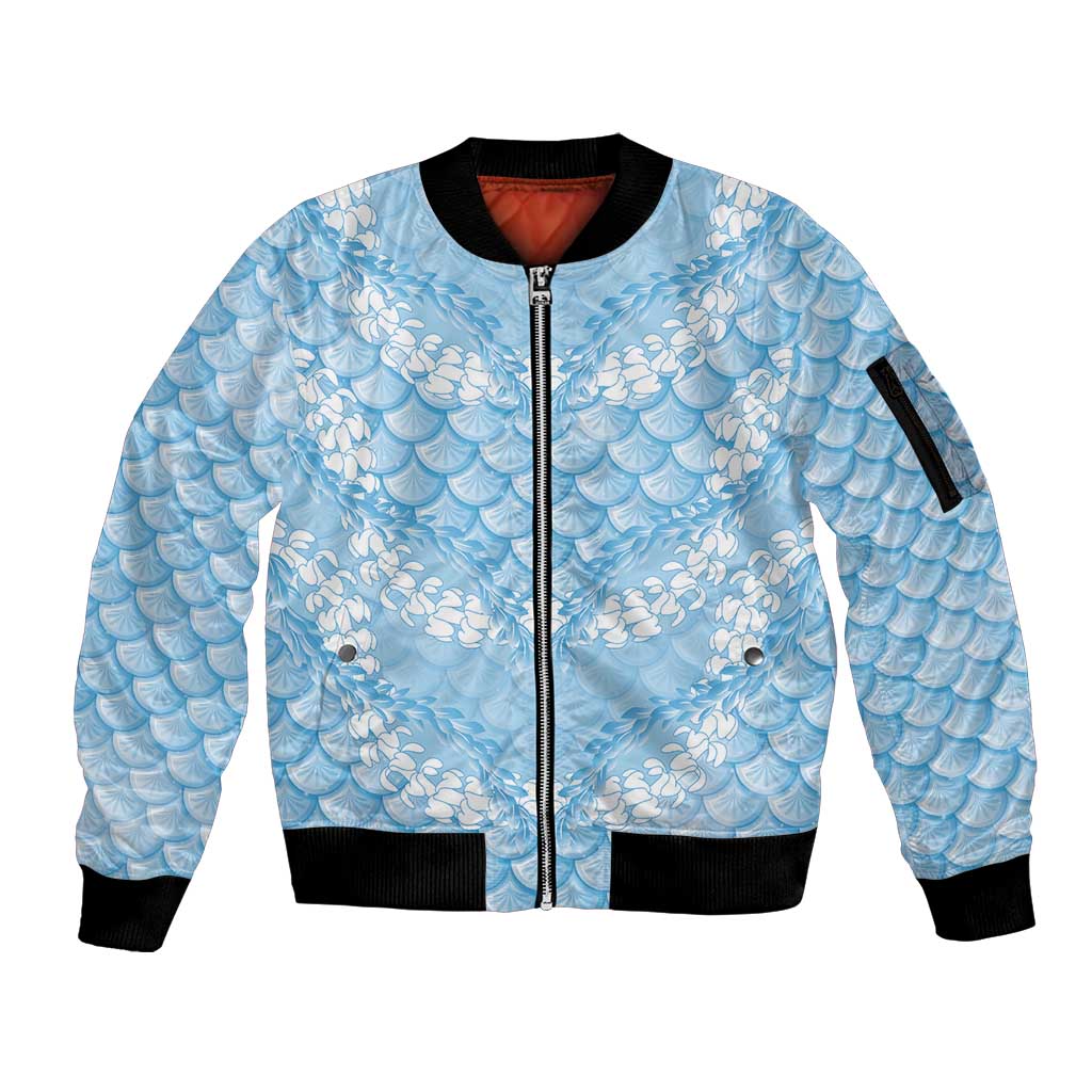 Baby Blue Mermaid Puakenikeni Maile Lei Sleeve Zip Bomber Jacket LT01 Unisex Blue - Polynesian Pride