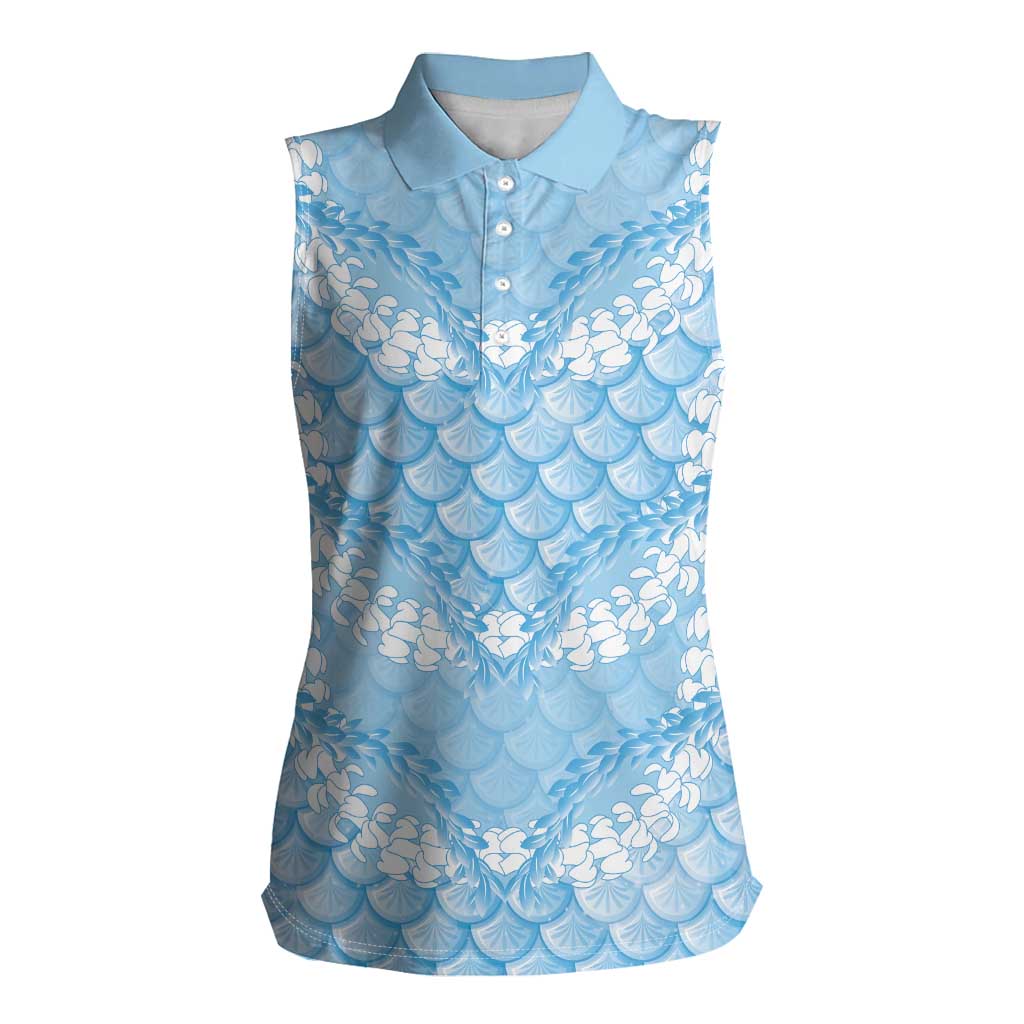 Baby Blue Mermaid Puakenikeni Maile Lei Women Sleeveless Polo Shirt LT01 Female Blue - Polynesian Pride