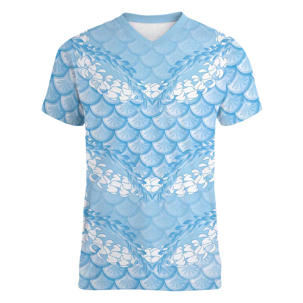 Baby Blue Mermaid Puakenikeni Maile Lei Women V-Neck T-Shirt LT01 Female Blue - Polynesian Pride