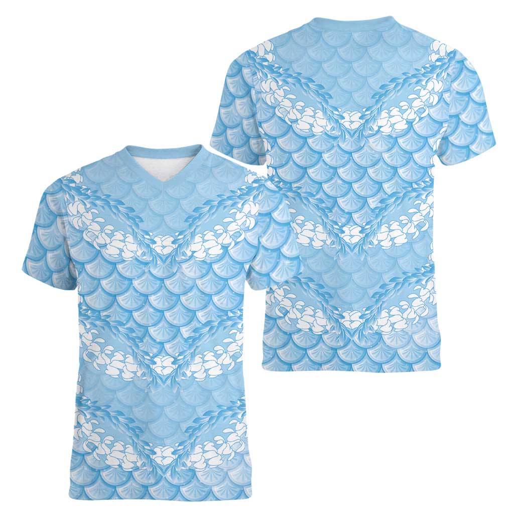 Baby Blue Mermaid Puakenikeni Maile Lei Women V-Neck T-Shirt LT01 - Polynesian Pride