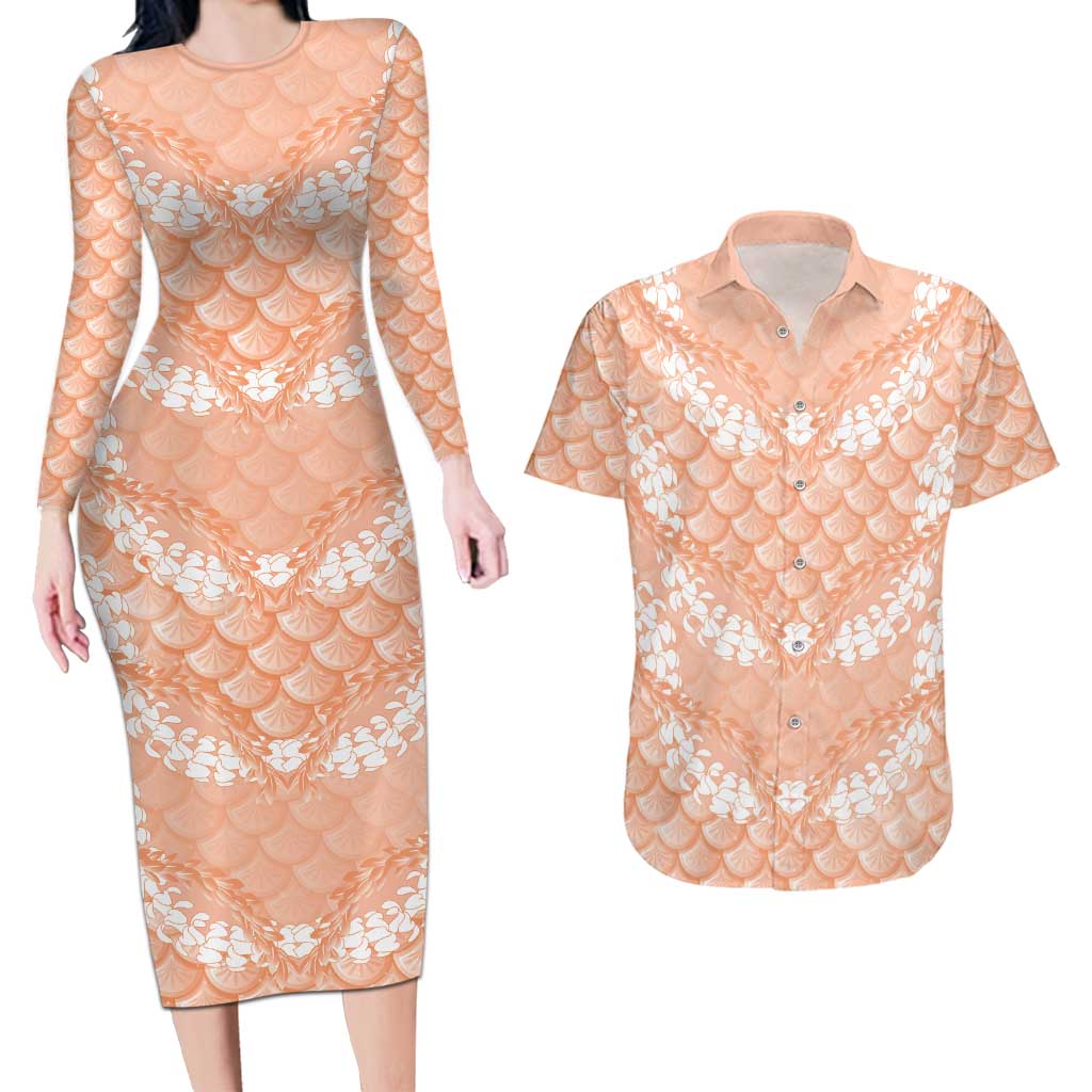 Apricot Mermaid Puakenikeni Maile Lei Couples Matching Long Sleeve Bodycon Dress and Hawaiian Shirt LT01 Apricot - Polynesian Pride