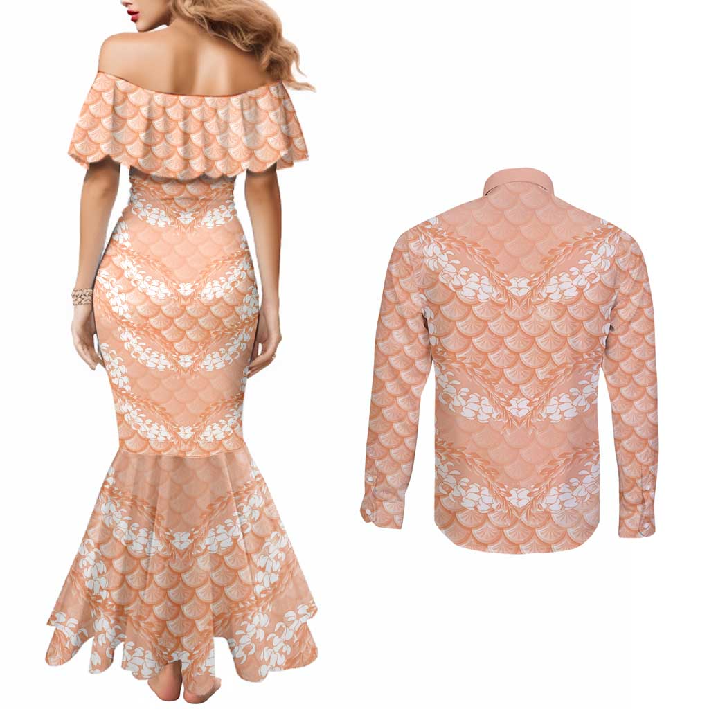 Apricot Mermaid Puakenikeni Maile Lei Couples Matching Mermaid Dress and Long Sleeve Button Shirt LT01 - Polynesian Pride