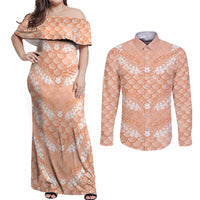 Apricot Mermaid Puakenikeni Maile Lei Couples Matching Off Shoulder Maxi Dress and Long Sleeve Button Shirt LT01 Apricot - Polynesian Pride