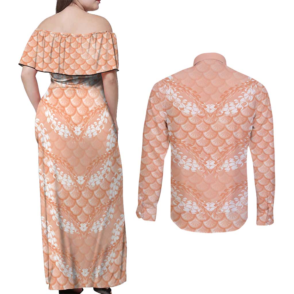 Apricot Mermaid Puakenikeni Maile Lei Couples Matching Off Shoulder Maxi Dress and Long Sleeve Button Shirt LT01 - Polynesian Pride