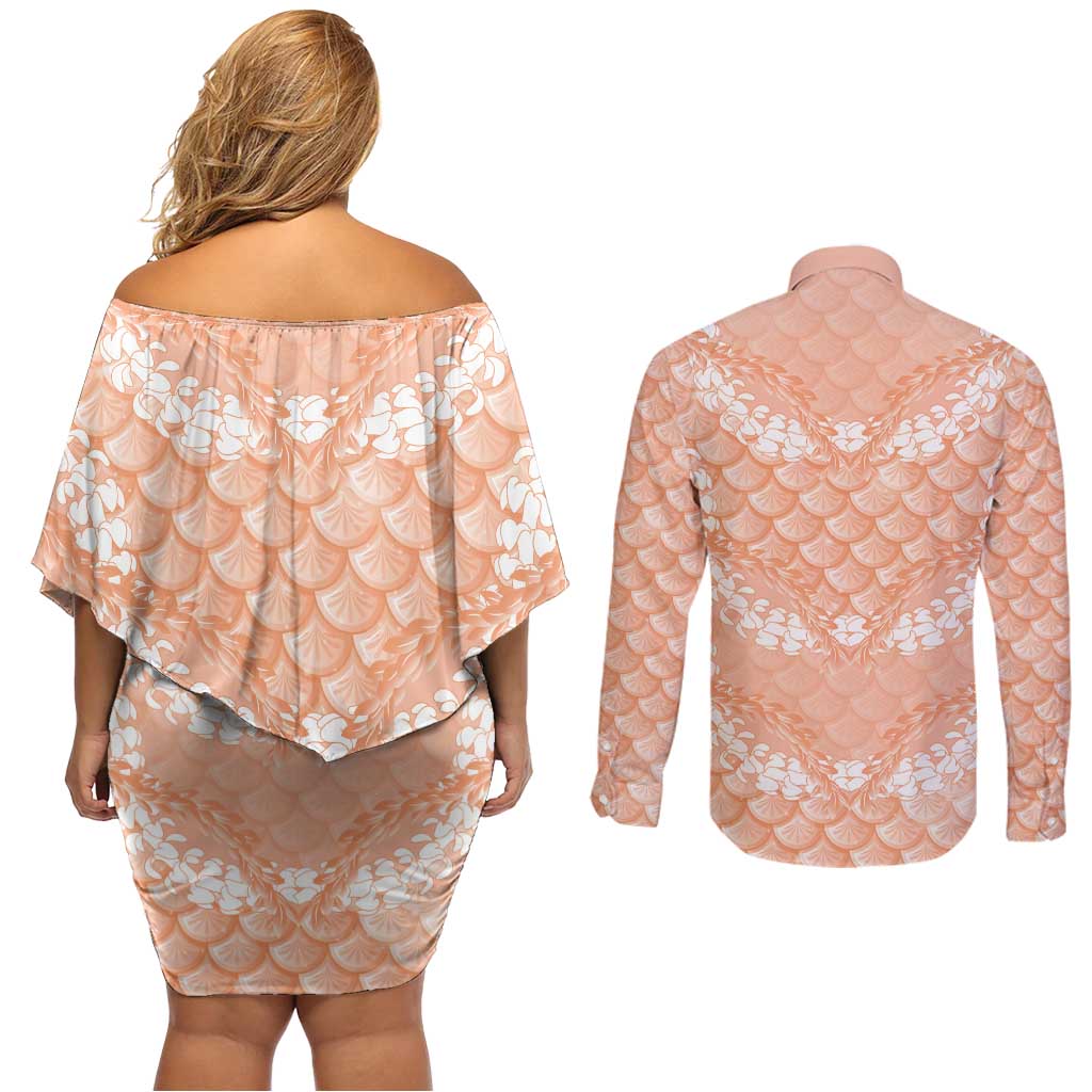 Apricot Mermaid Puakenikeni Maile Lei Couples Matching Off Shoulder Short Dress and Long Sleeve Button Shirt LT01 - Polynesian Pride