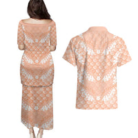 Apricot Mermaid Puakenikeni Maile Lei Couples Matching Puletasi and Hawaiian Shirt LT01 - Polynesian Pride