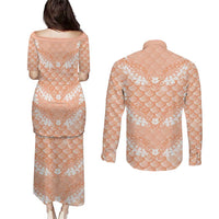 Apricot Mermaid Puakenikeni Maile Lei Couples Matching Puletasi and Long Sleeve Button Shirt LT01 - Polynesian Pride