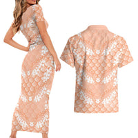 Apricot Mermaid Puakenikeni Maile Lei Couples Matching Short Sleeve Bodycon Dress and Hawaiian Shirt LT01 - Polynesian Pride