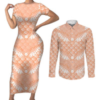 Apricot Mermaid Puakenikeni Maile Lei Couples Matching Short Sleeve Bodycon Dress and Long Sleeve Button Shirt LT01 Apricot - Polynesian Pride
