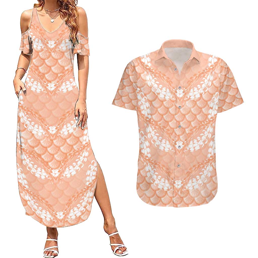 Apricot Mermaid Puakenikeni Maile Lei Couples Matching Summer Maxi Dress and Hawaiian Shirt LT01 Apricot - Polynesian Pride