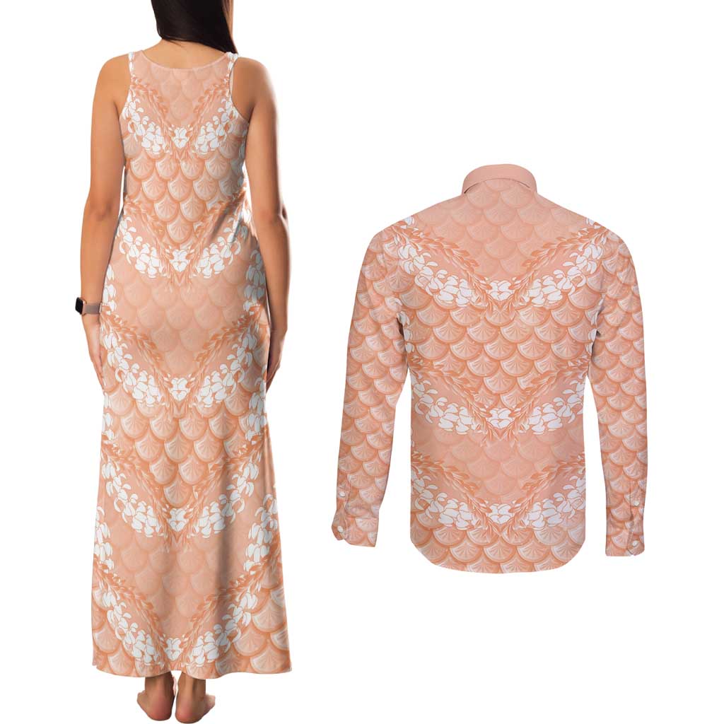 Apricot Mermaid Puakenikeni Maile Lei Couples Matching Tank Maxi Dress and Long Sleeve Button Shirt LT01 - Polynesian Pride