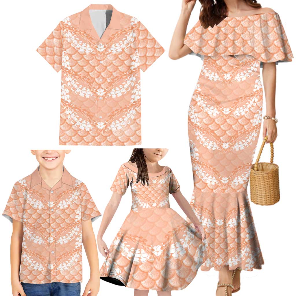 Apricot Mermaid Puakenikeni Maile Lei Family Matching Mermaid Dress and Hawaiian Shirt LT01 - Polynesian Pride