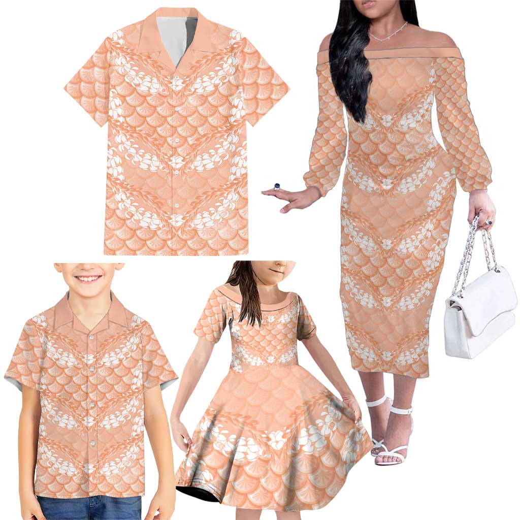 Apricot Mermaid Puakenikeni Maile Lei Family Matching Off The Shoulder Long Sleeve Dress and Hawaiian Shirt LT01 - Polynesian Pride