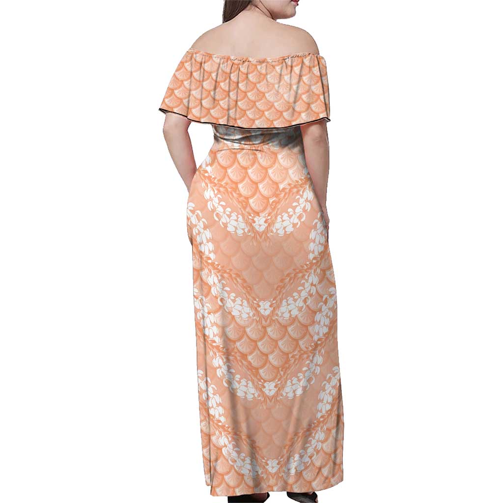 Apricot Mermaid Puakenikeni Maile Lei Family Matching Off Shoulder Maxi Dress and Hawaiian Shirt LT01 - Polynesian Pride