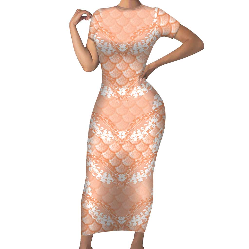 Apricot Mermaid Puakenikeni Maile Lei Family Matching Short Sleeve Bodycon Dress and Hawaiian Shirt LT01 Mom's Dress Apricot - Polynesian Pride