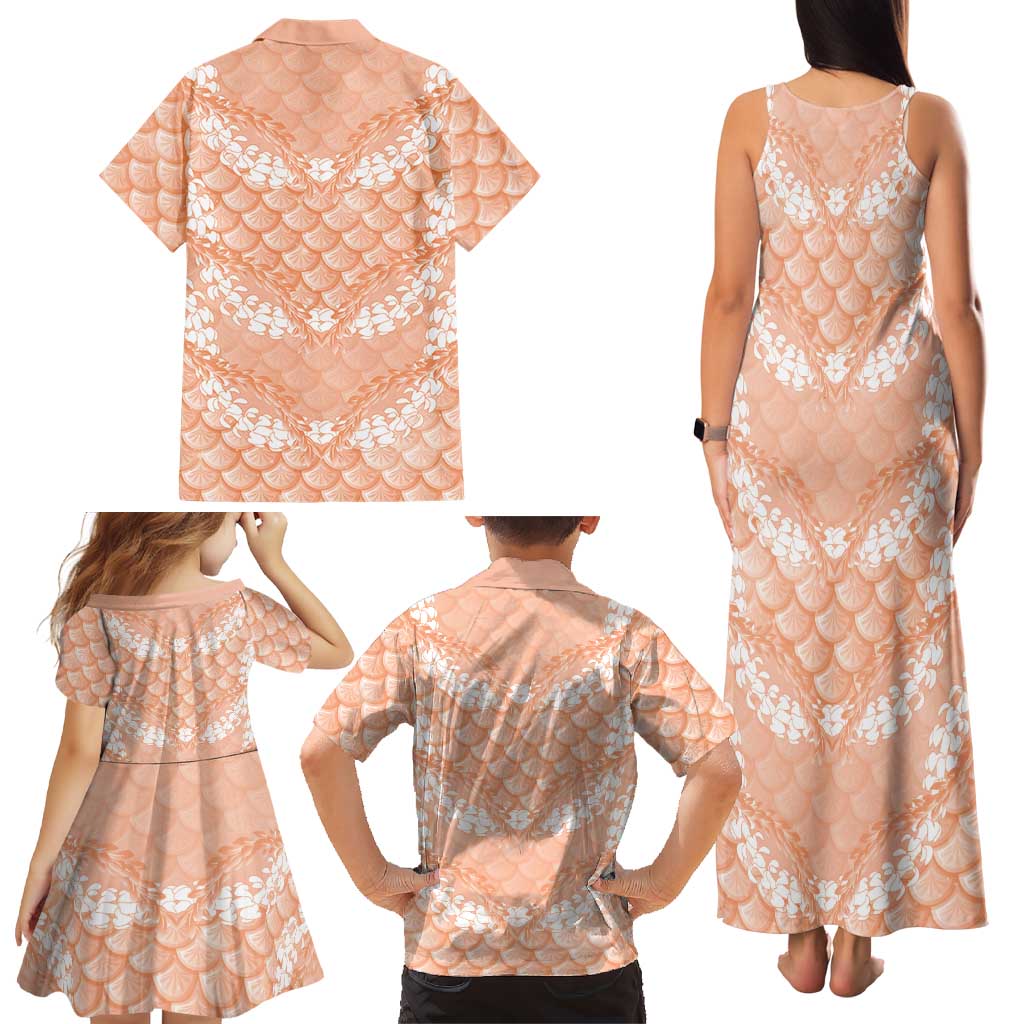 Apricot Mermaid Puakenikeni Maile Lei Family Matching Tank Maxi Dress and Hawaiian Shirt LT01 - Polynesian Pride