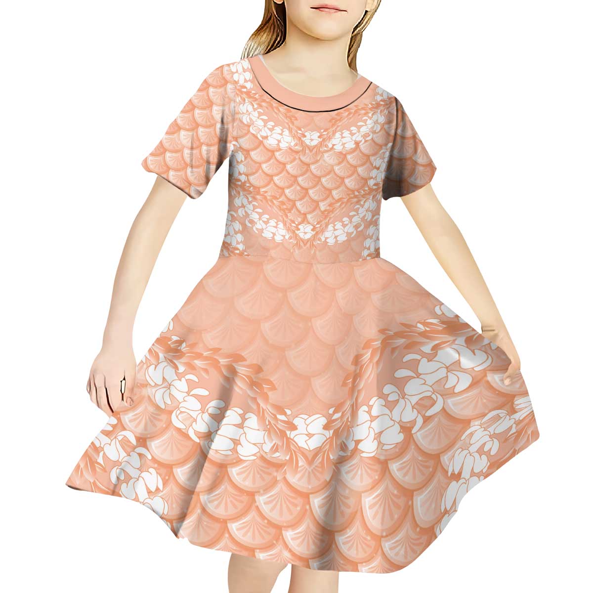 Apricot Mermaid Puakenikeni Maile Lei Kid Short Sleeve Dress