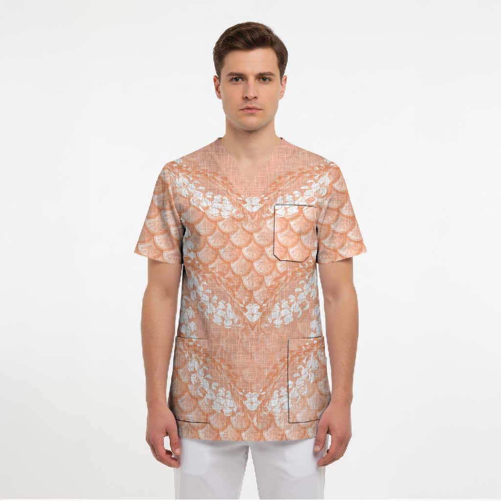 Apricot Mermaid Puakenikeni Maile Lei Scrub Top