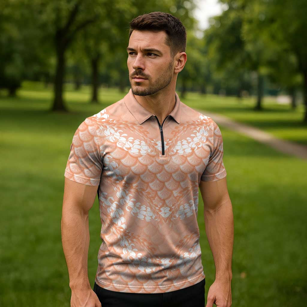 Apricot Mermaid Puakenikeni Maile Lei Zipper Polo Shirt