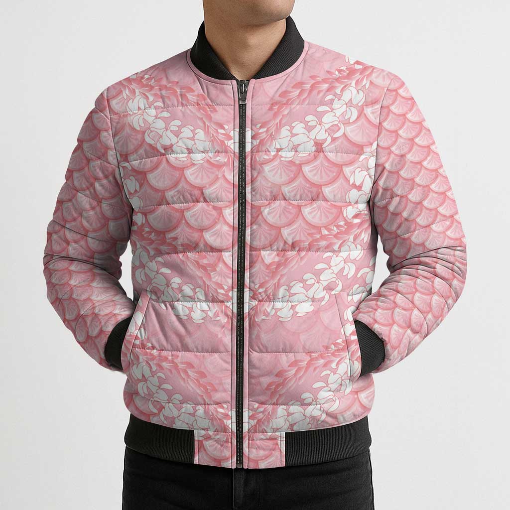 Soft Pink Mermaid Puakenikeni Maile Lei Bomber Puffer Jacket