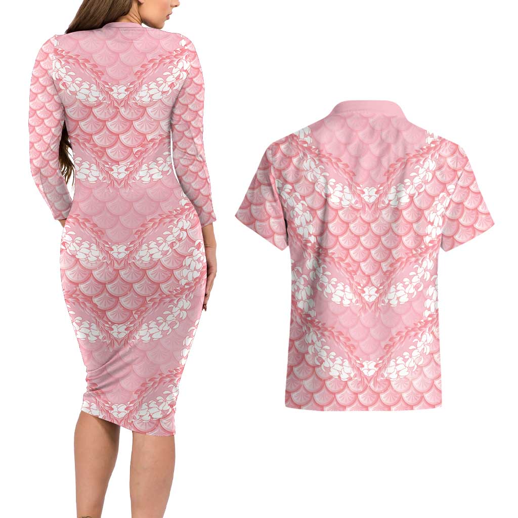 Soft Pink Mermaid Puakenikeni Maile Lei Couples Matching Long Sleeve Bodycon Dress and Hawaiian Shirt LT01 - Polynesian Pride