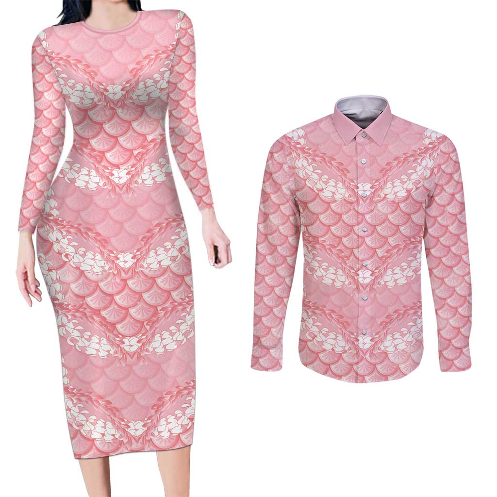 Soft Pink Mermaid Puakenikeni Maile Lei Couples Matching Long Sleeve Bodycon Dress and Long Sleeve Button Shirt LT01 Pink - Polynesian Pride
