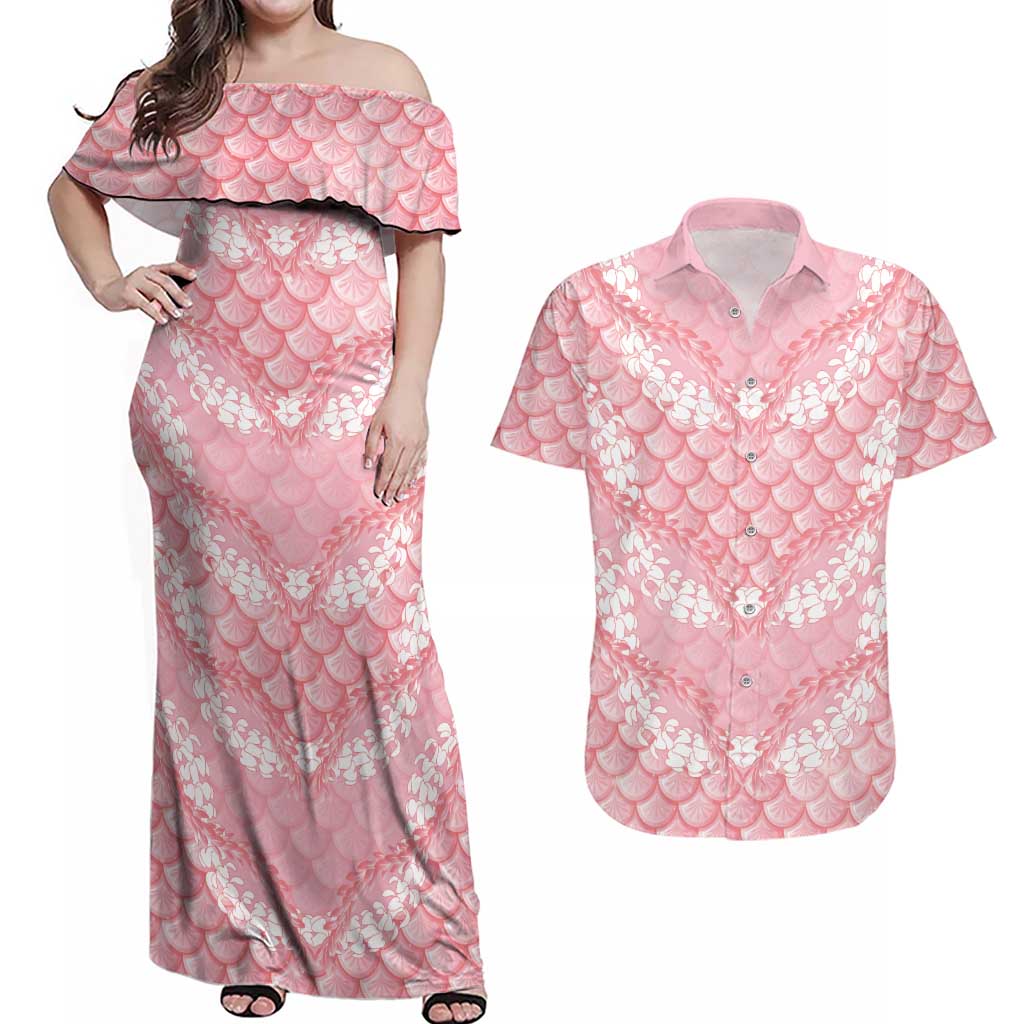 Soft Pink Mermaid Puakenikeni Maile Lei Couples Matching Off Shoulder Maxi Dress and Hawaiian Shirt