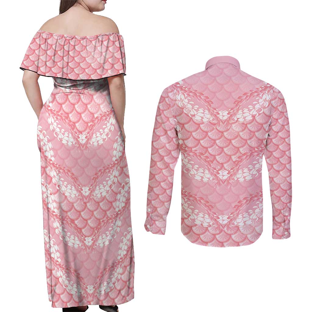 Soft Pink Mermaid Puakenikeni Maile Lei Couples Matching Off Shoulder Maxi Dress and Long Sleeve Button Shirt LT01 - Polynesian Pride