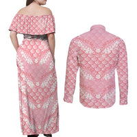 Soft Pink Mermaid Puakenikeni Maile Lei Couples Matching Off Shoulder Maxi Dress and Long Sleeve Button Shirt LT01 - Polynesian Pride