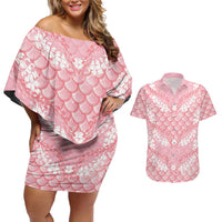 Soft Pink Mermaid Puakenikeni Maile Lei Couples Matching Off Shoulder Short Dress and Hawaiian Shirt LT01 Pink - Polynesian Pride
