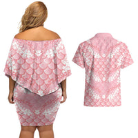 Soft Pink Mermaid Puakenikeni Maile Lei Couples Matching Off Shoulder Short Dress and Hawaiian Shirt LT01 - Polynesian Pride
