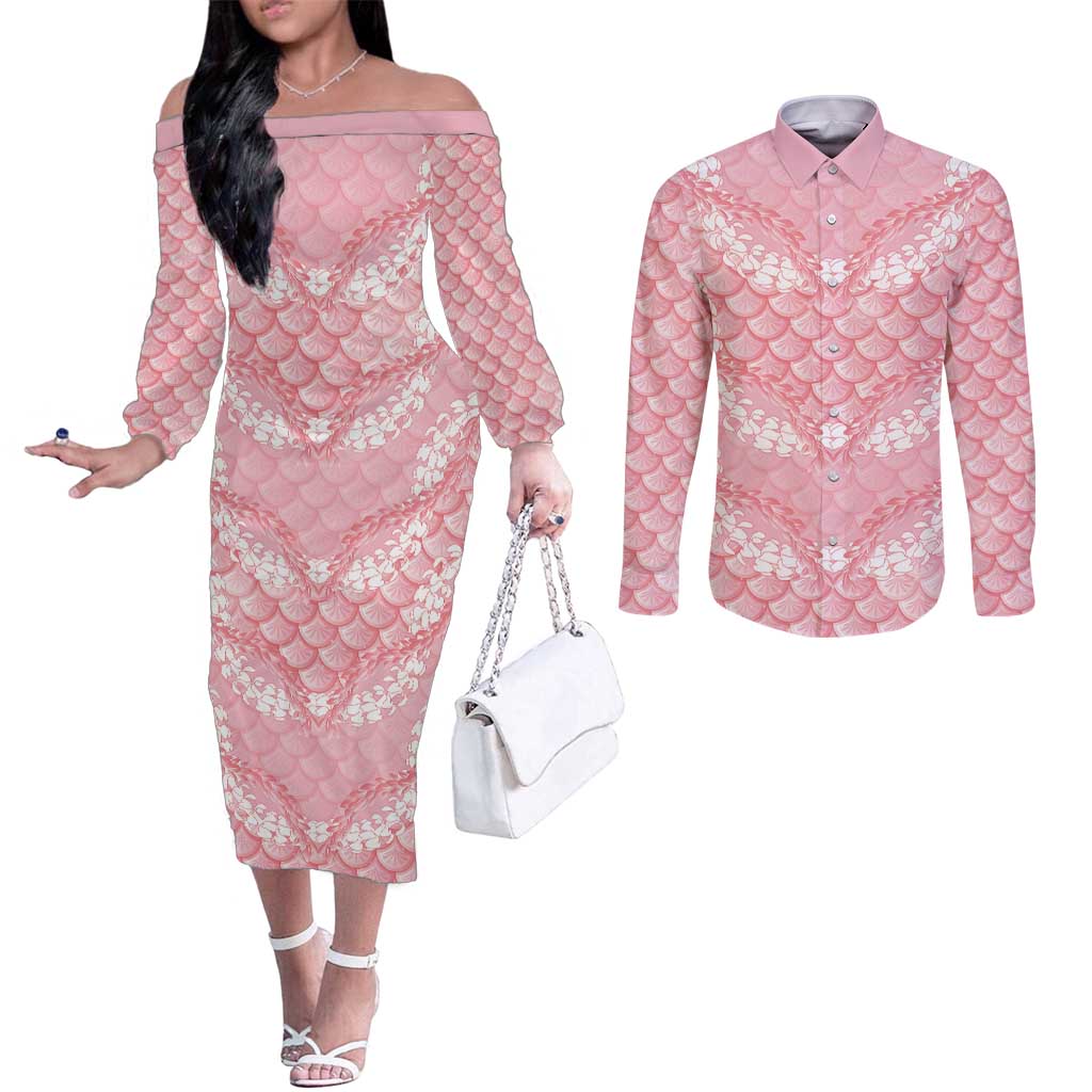 Soft Pink Mermaid Puakenikeni Maile Lei Couples Matching Off The Shoulder Long Sleeve Dress and Long Sleeve Button Shirt