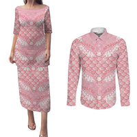 Soft Pink Mermaid Puakenikeni Maile Lei Couples Matching Puletasi and Long Sleeve Button Shirt