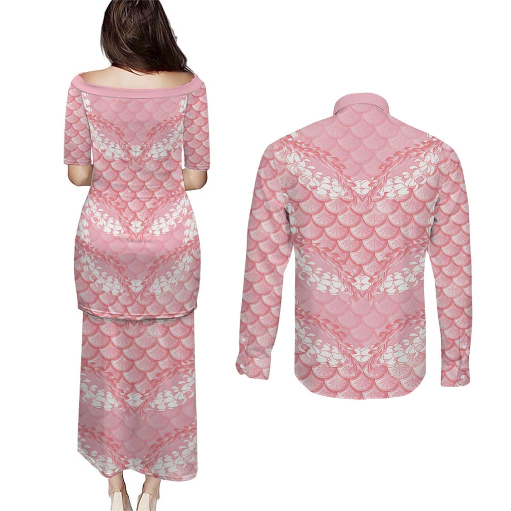 Soft Pink Mermaid Puakenikeni Maile Lei Couples Matching Puletasi and Long Sleeve Button Shirt