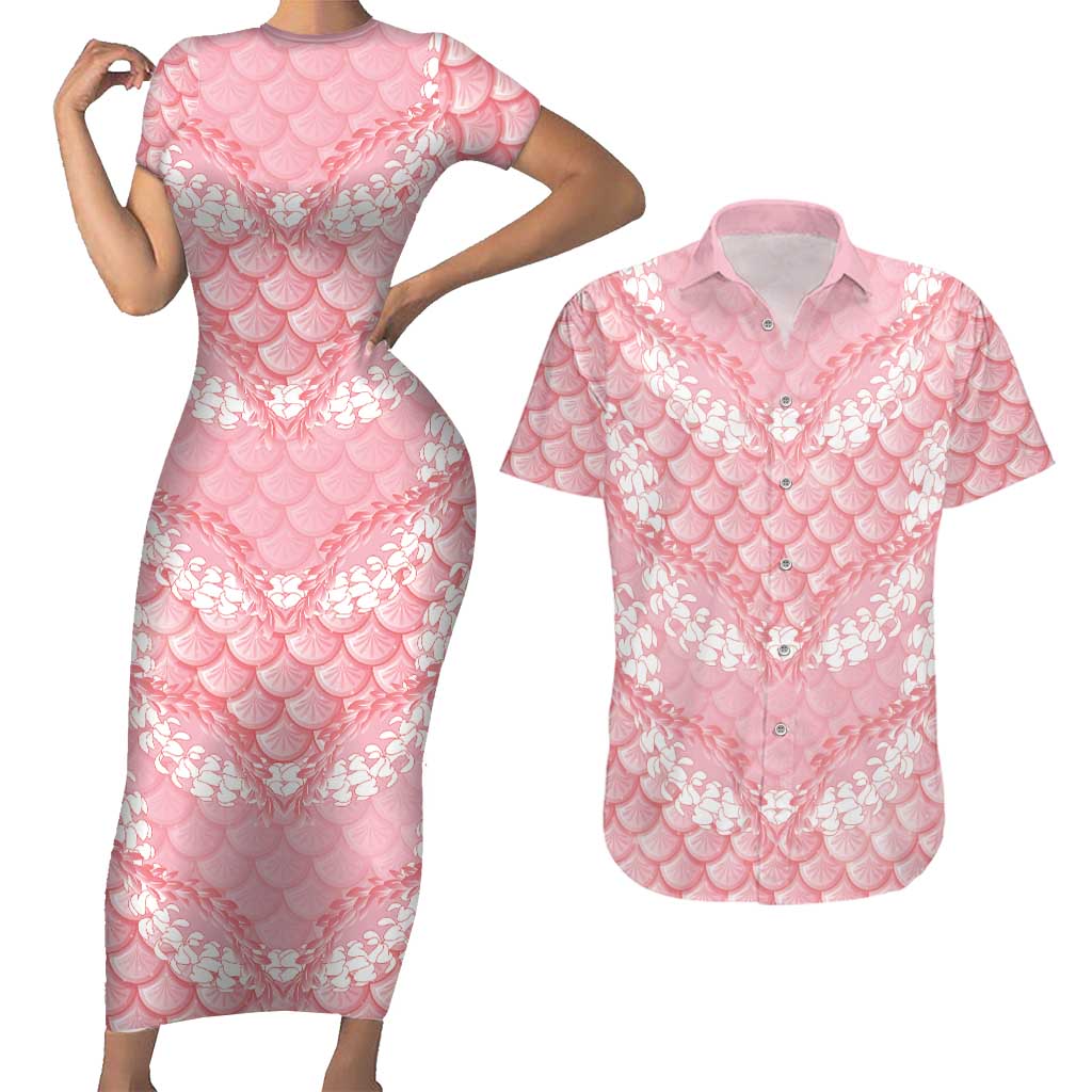 Soft Pink Mermaid Puakenikeni Maile Lei Couples Matching Short Sleeve Bodycon Dress and Hawaiian Shirt LT01 Pink - Polynesian Pride