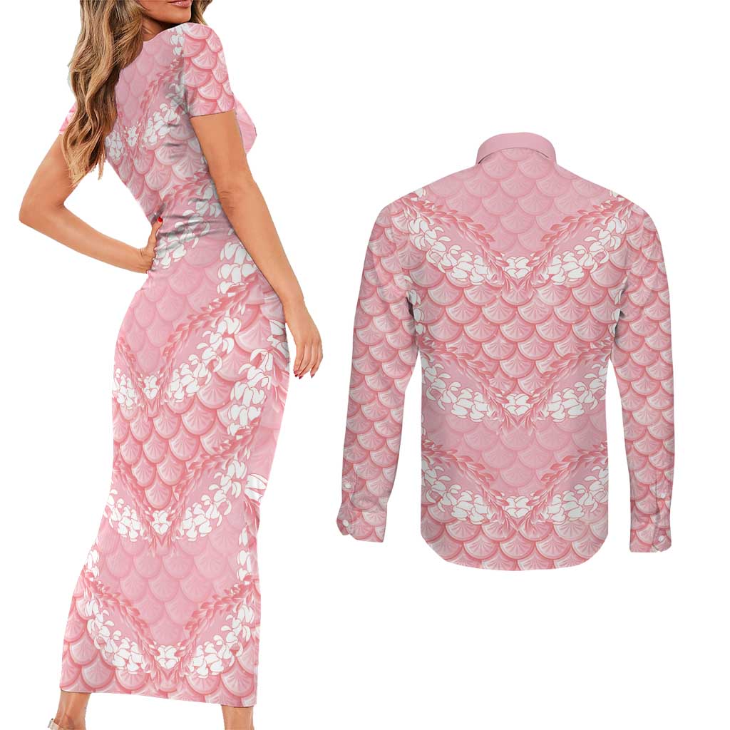 Soft Pink Mermaid Puakenikeni Maile Lei Couples Matching Short Sleeve Bodycon Dress and Long Sleeve Button Shirt LT01 - Polynesian Pride