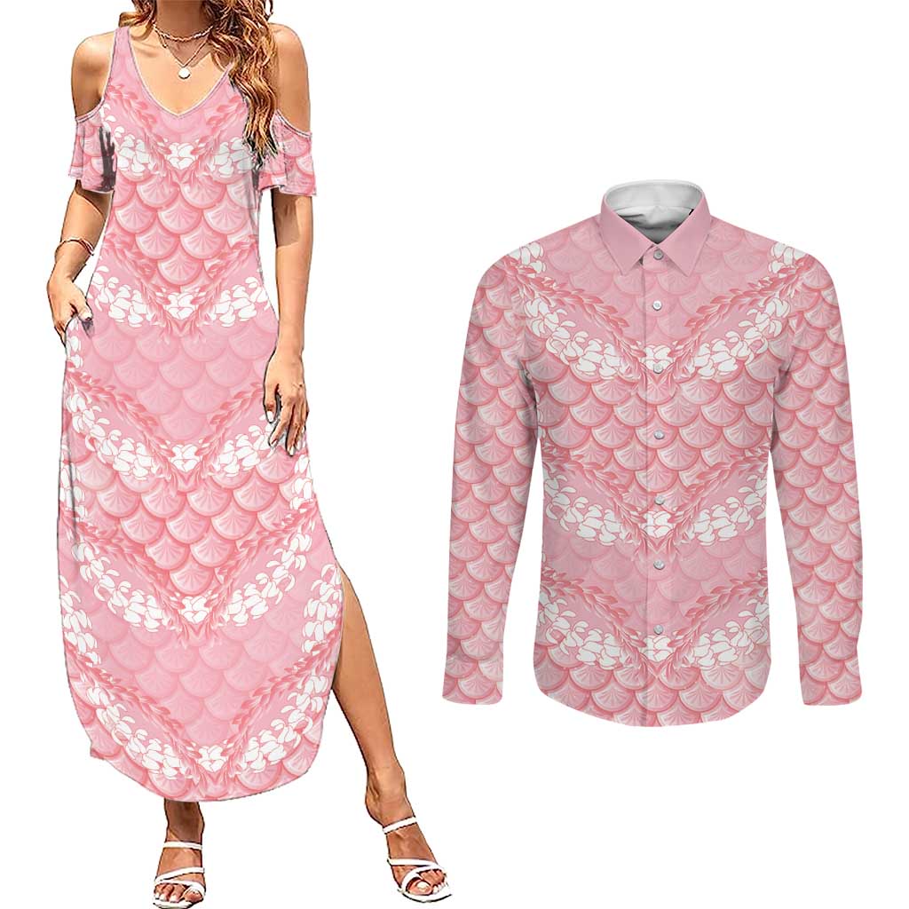Soft Pink Mermaid Puakenikeni Maile Lei Couples Matching Summer Maxi Dress and Long Sleeve Button Shirt LT01 Pink - Polynesian Pride