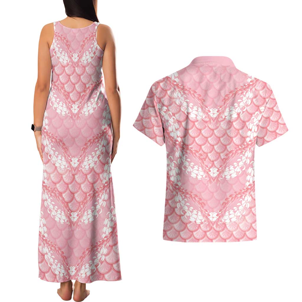 Soft Pink Mermaid Puakenikeni Maile Lei Couples Matching Tank Maxi Dress and Hawaiian Shirt LT01 - Polynesian Pride