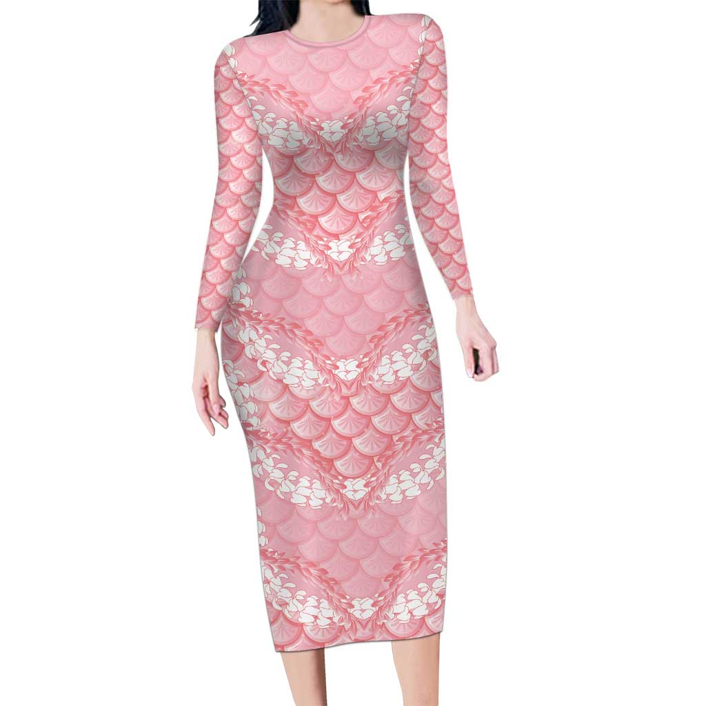 Soft Pink Mermaid Puakenikeni Maile Lei Family Matching Long Sleeve Bodycon Dress and Hawaiian Shirt LT01 Mom's Dress Pink - Polynesian Pride