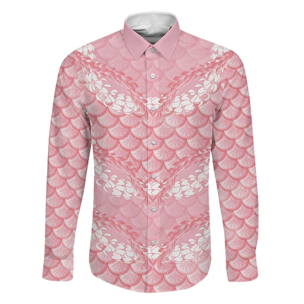 Soft Pink Mermaid Puakenikeni Maile Lei Family Matching Off The Shoulder Long Sleeve Dress and Hawaiian Shirt LT01 Dad's Shirt - Long Sleeve Pink - Polynesian Pride