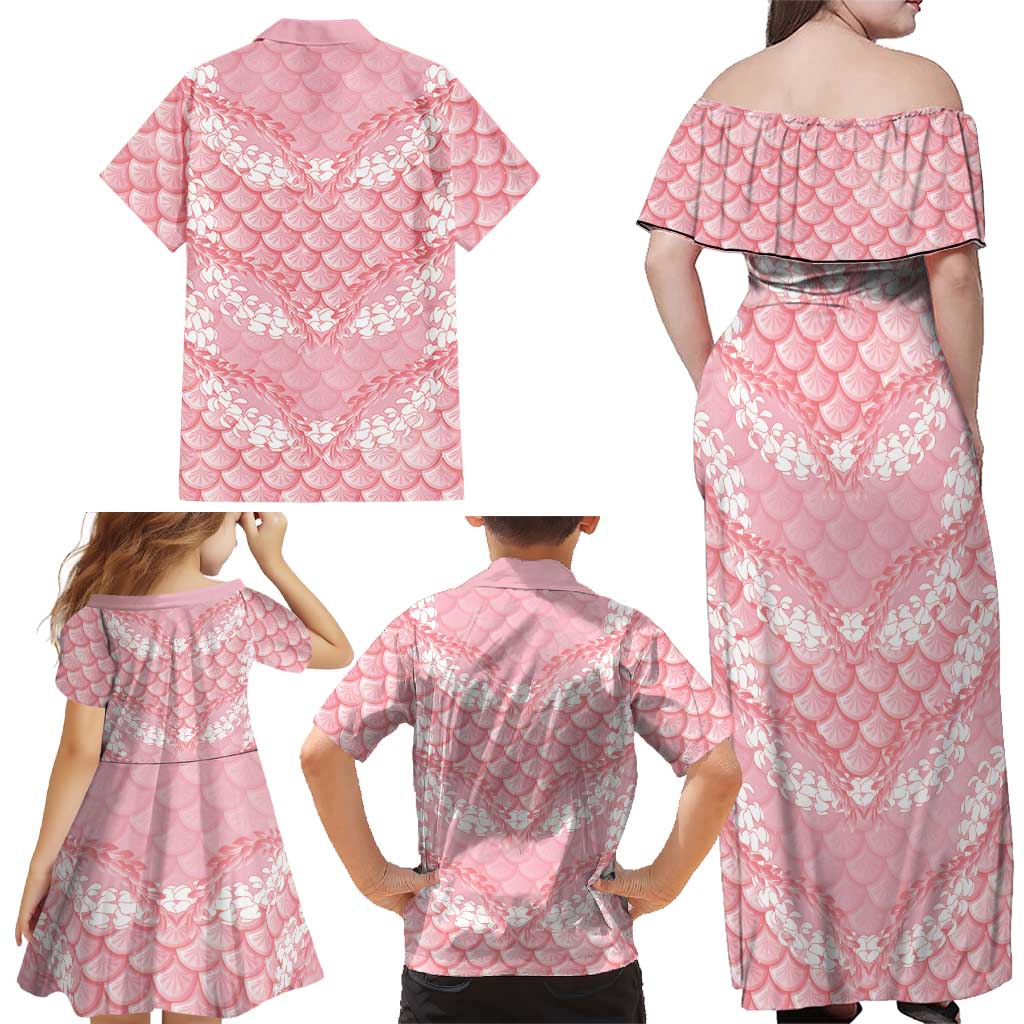 Soft Pink Mermaid Puakenikeni Maile Lei Family Matching Off Shoulder Maxi Dress and Hawaiian Shirt LT01 - Polynesian Pride