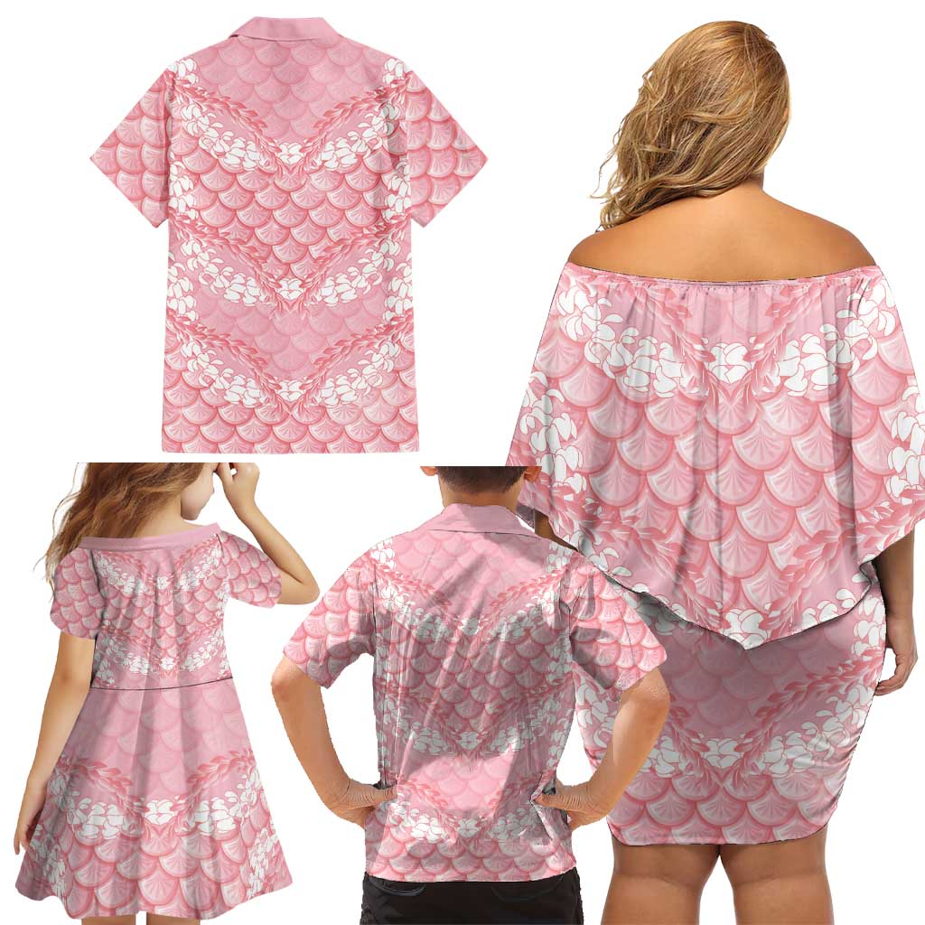 Soft Pink Mermaid Puakenikeni Maile Lei Family Matching Off Shoulder Short Dress and Hawaiian Shirt LT01 - Polynesian Pride