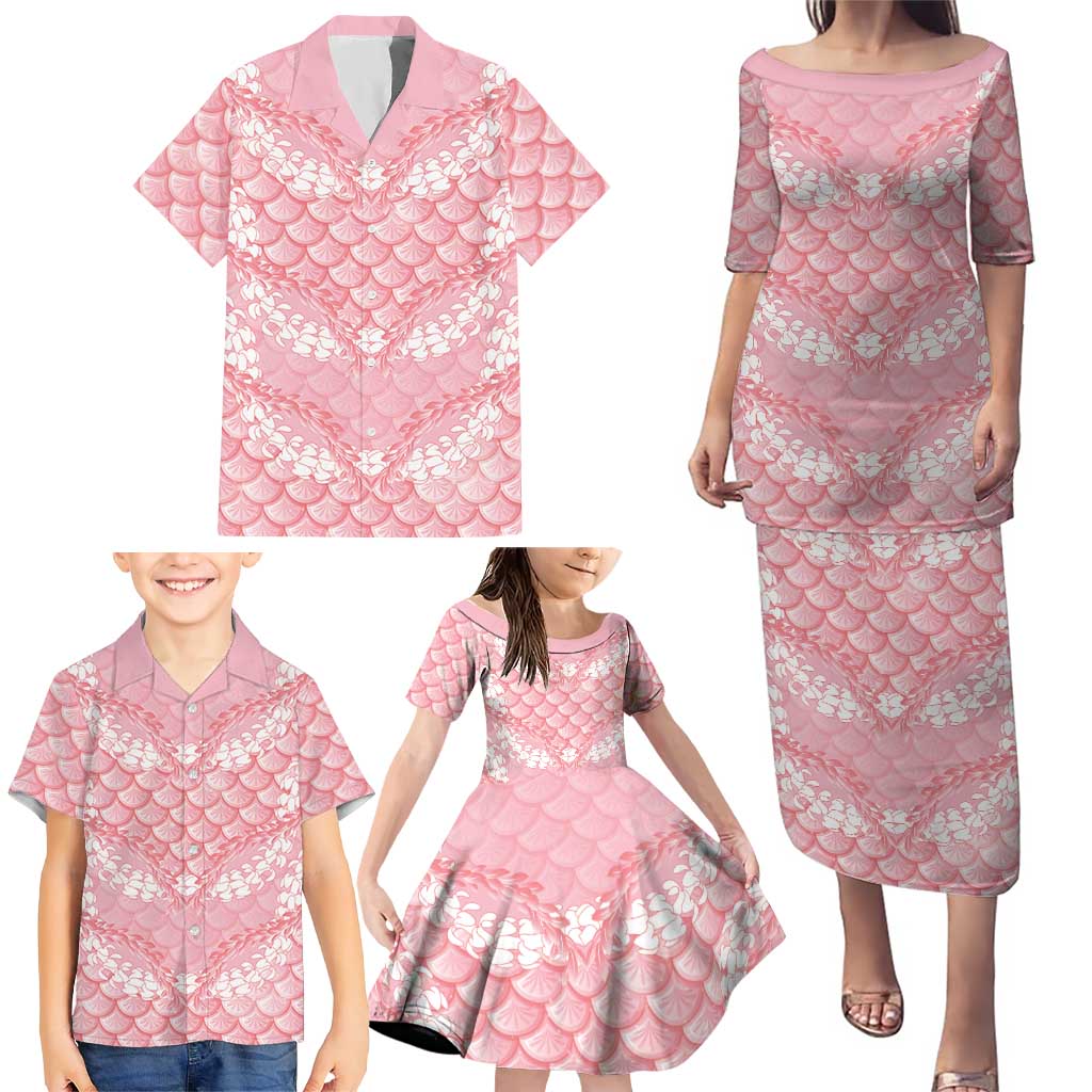Soft Pink Mermaid Puakenikeni Maile Lei Family Matching Puletasi and Hawaiian Shirt LT01 - Polynesian Pride