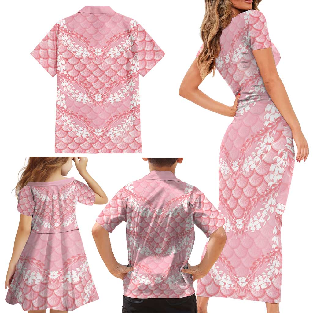 Soft Pink Mermaid Puakenikeni Maile Lei Family Matching Short Sleeve Bodycon Dress and Hawaiian Shirt LT01 - Polynesian Pride
