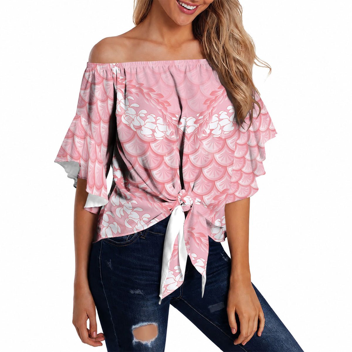 Soft Pink Mermaid Puakenikeni Maile Lei Off Shoulder Wrap Waist Top LT01 - Polynesian Pride