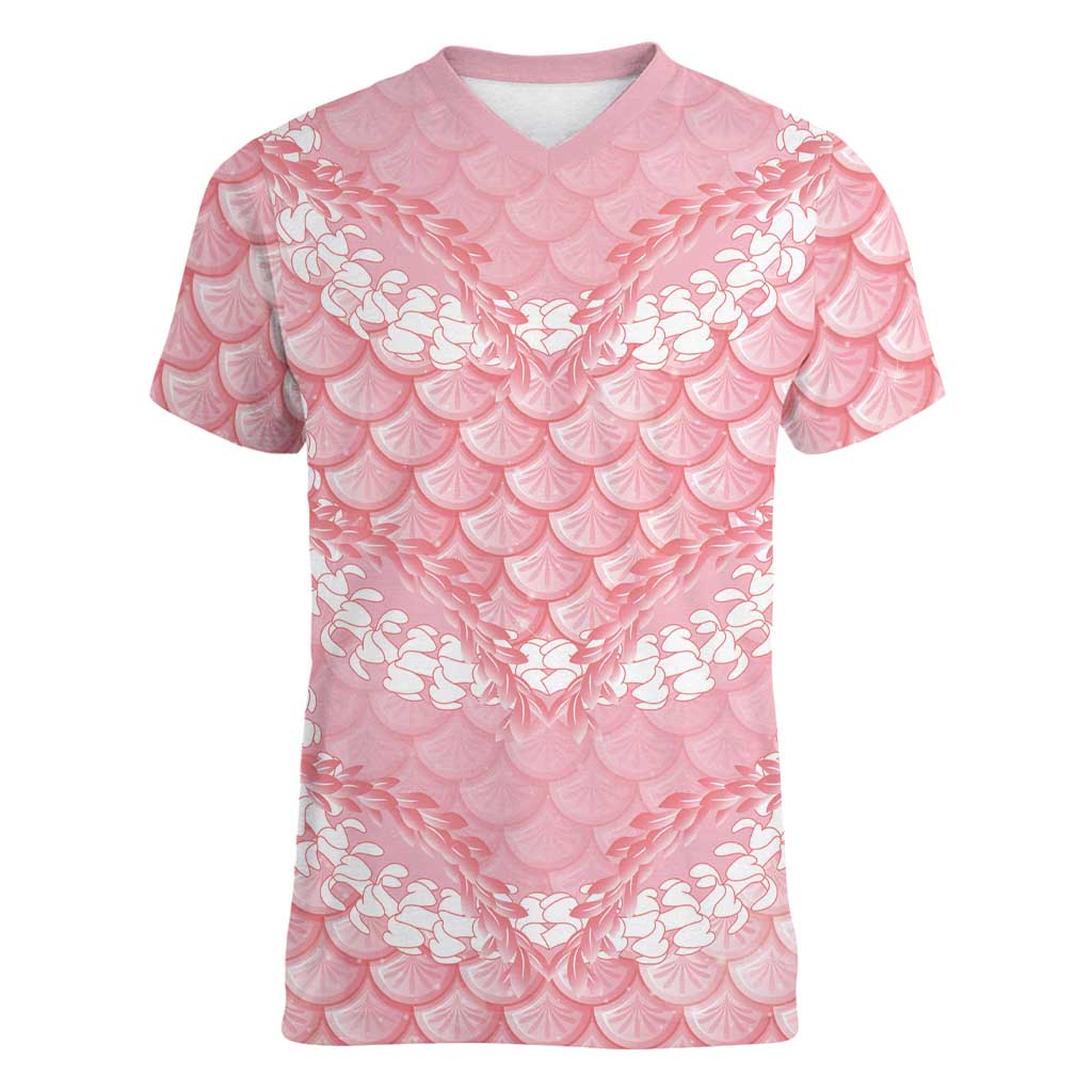Soft Pink Mermaid Puakenikeni Maile Lei Women V-Neck T-Shirt LT01 Female Pink - Polynesian Pride