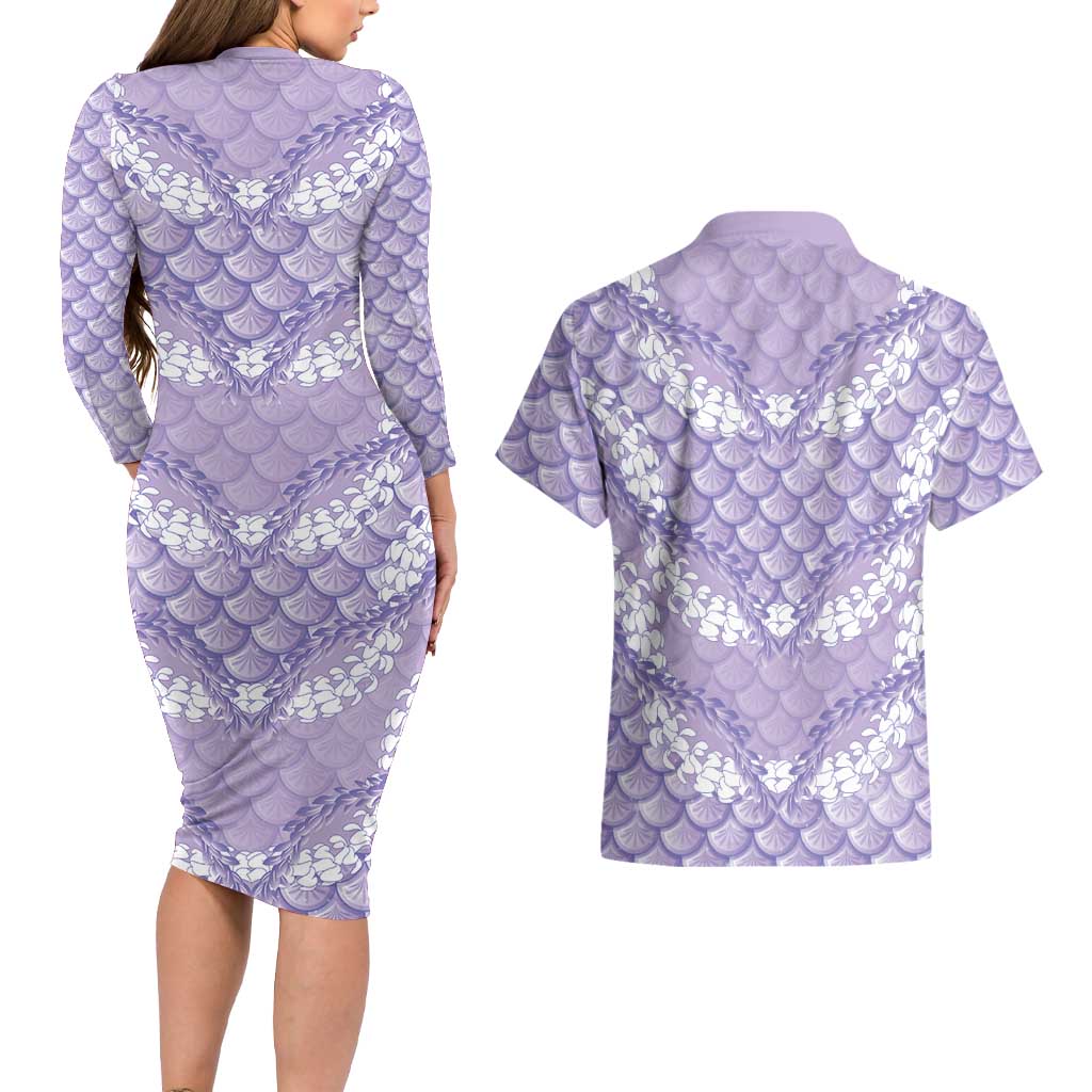Lilac Mermaid Puakenikeni Maile Lei Couples Matching Long Sleeve Bodycon Dress and Hawaiian Shirt LT01 - Polynesian Pride