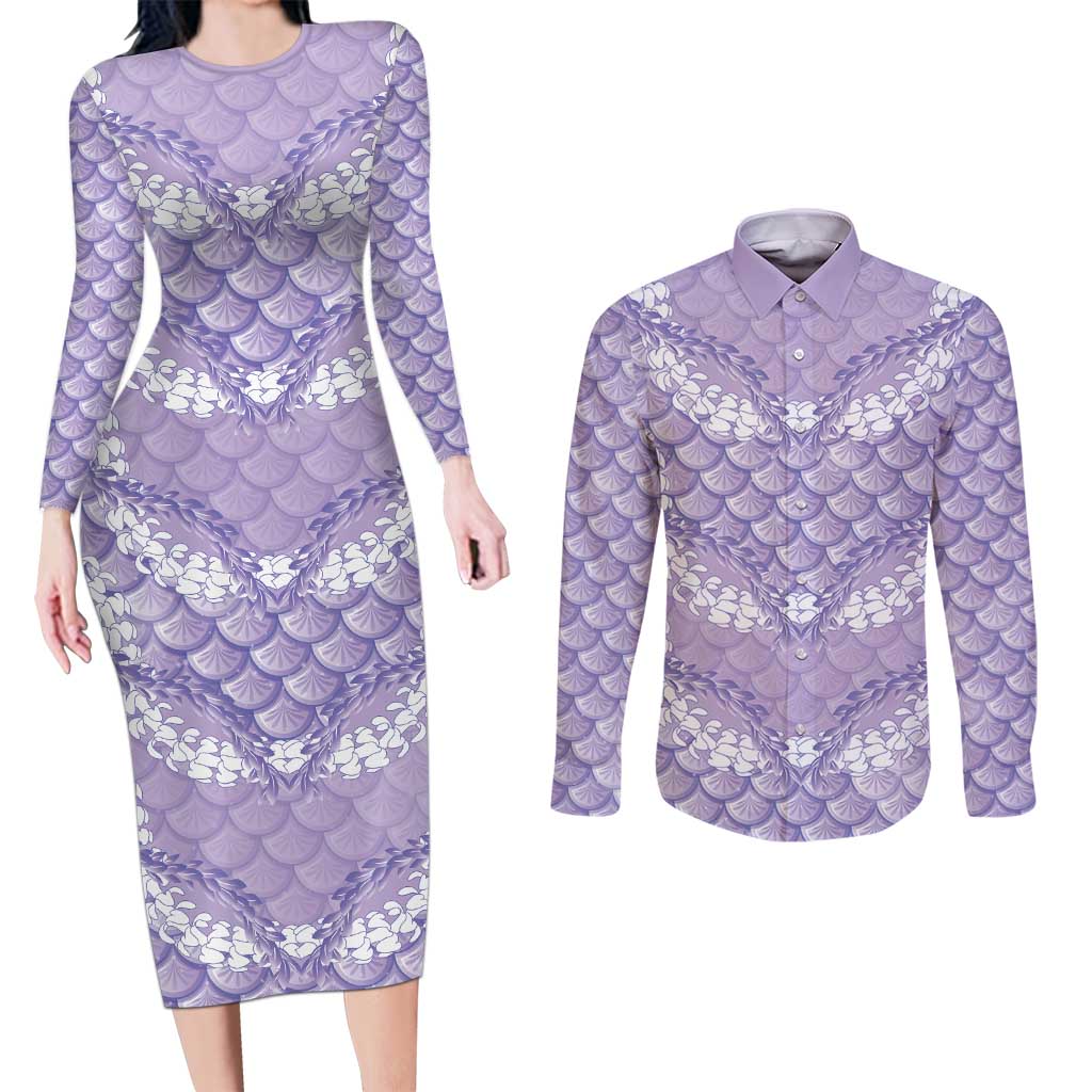 Lilac Mermaid Puakenikeni Maile Lei Couples Matching Long Sleeve Bodycon Dress and Long Sleeve Button Shirt