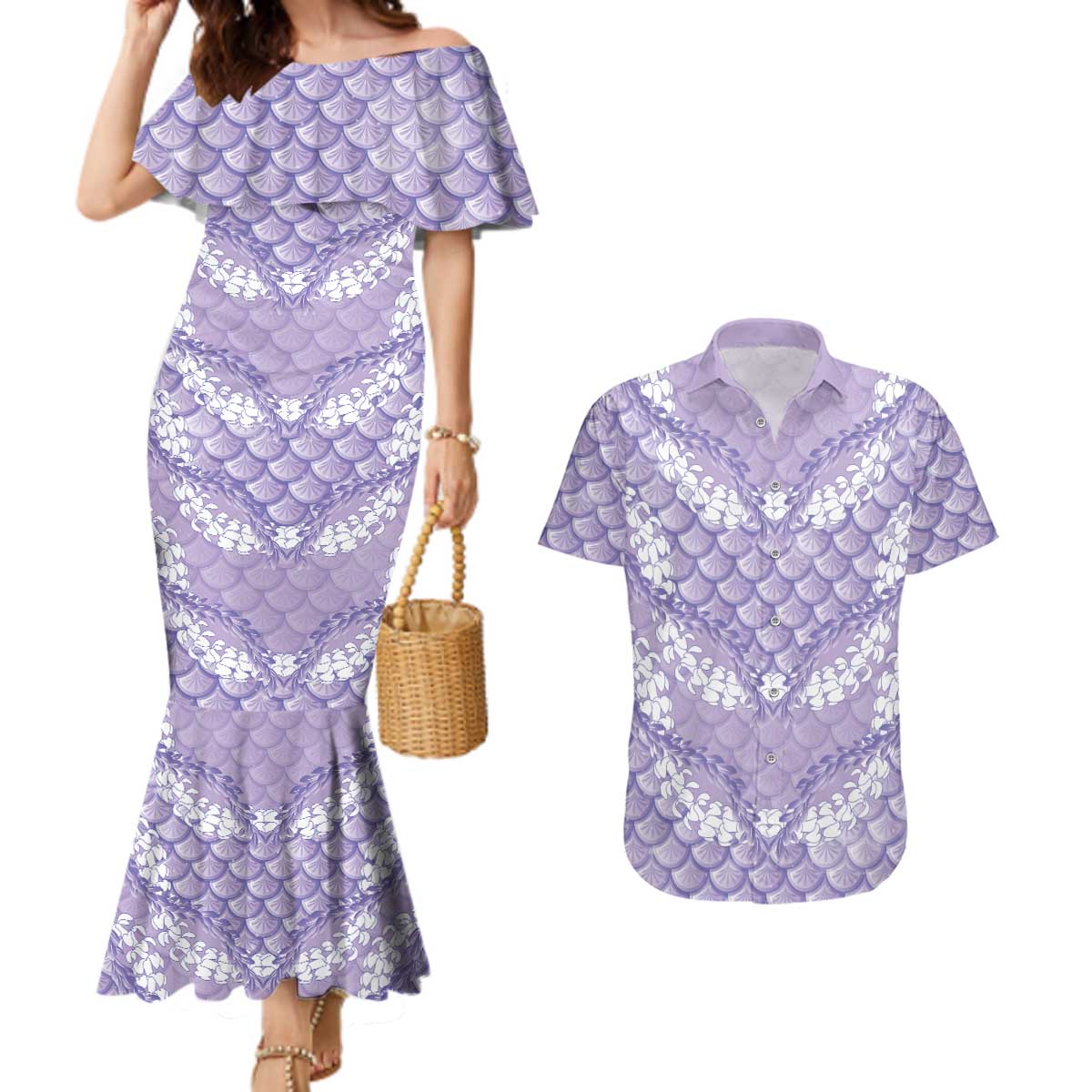 Lilac Mermaid Puakenikeni Maile Lei Couples Matching Mermaid Dress and Hawaiian Shirt LT01 Purple - Polynesian Pride