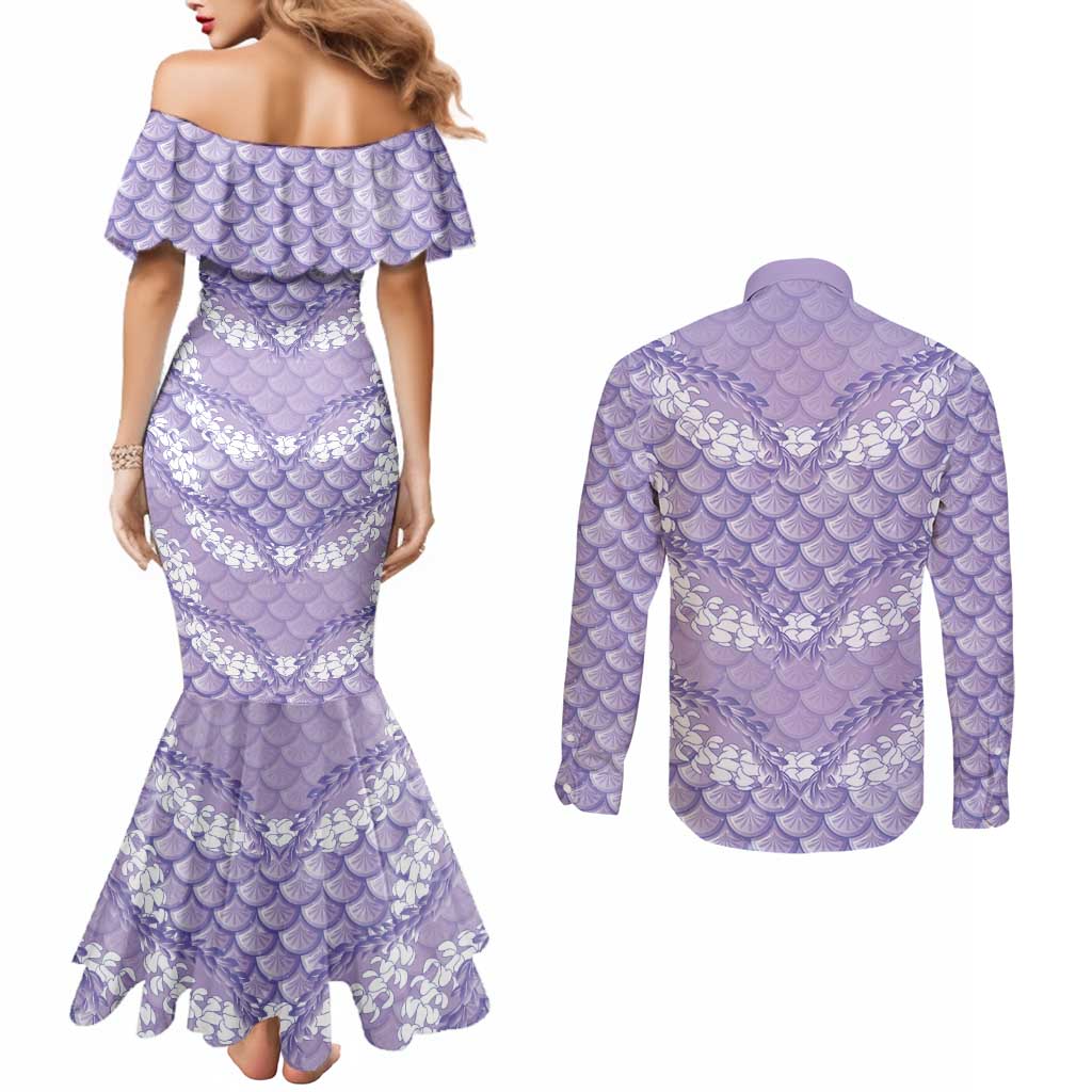 Lilac Mermaid Puakenikeni Maile Lei Couples Matching Mermaid Dress and Long Sleeve Button Shirt LT01 - Polynesian Pride